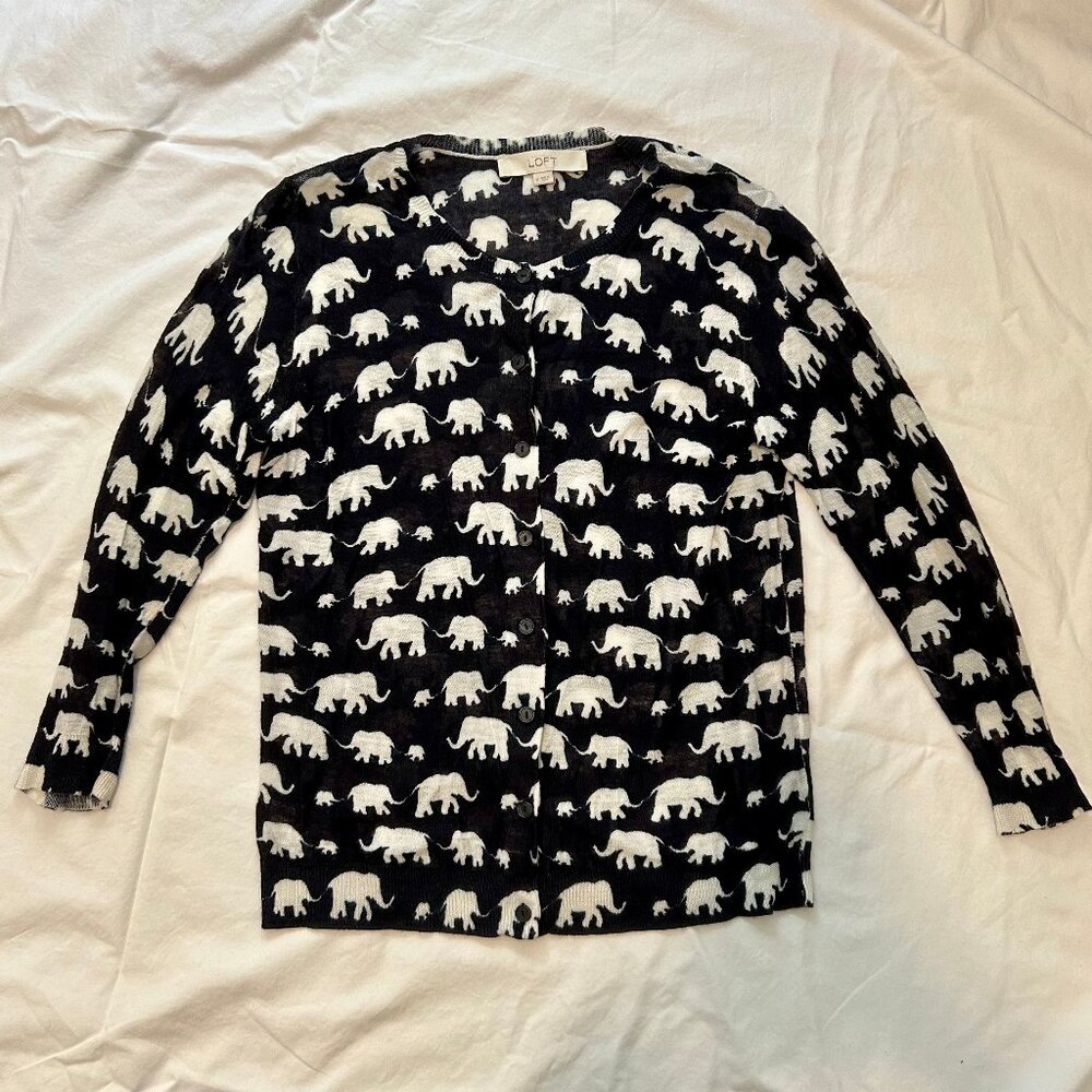 Loft Navy & White Elephant Cardigan Size Medium